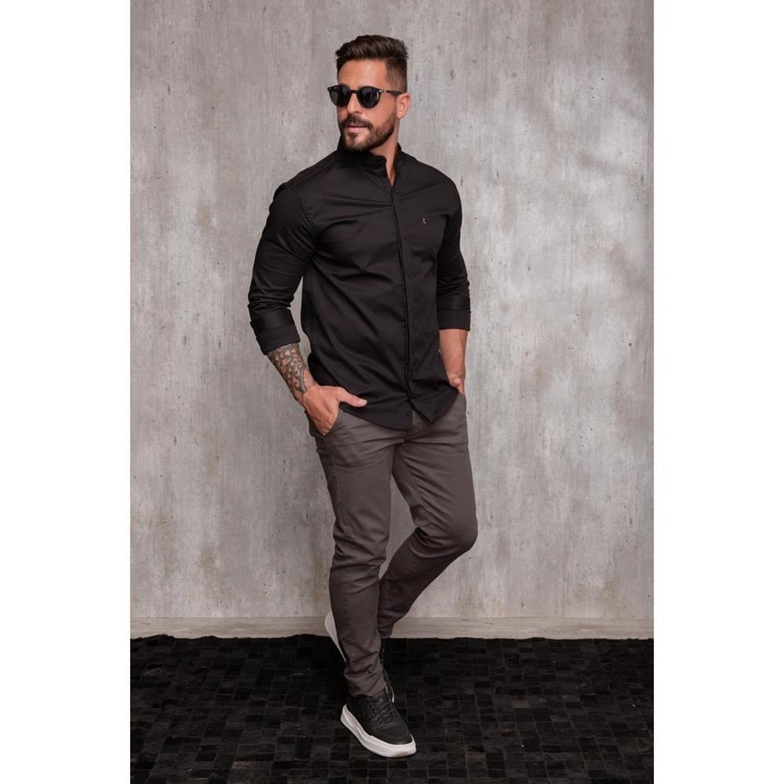 Vista 2 Camisa Masculina Acetinada Gola Padre Manga Longa Elastano Azul Claro G Preto TEODORO CAMISARIA preto azul