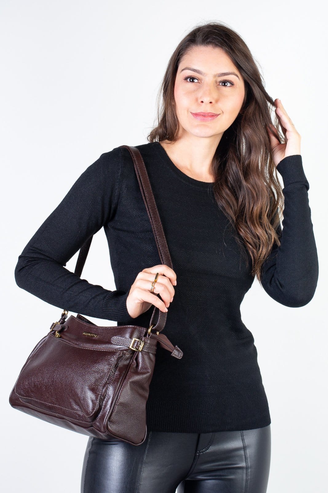 Bolsa tiracolo de couro liso Lorena - Café