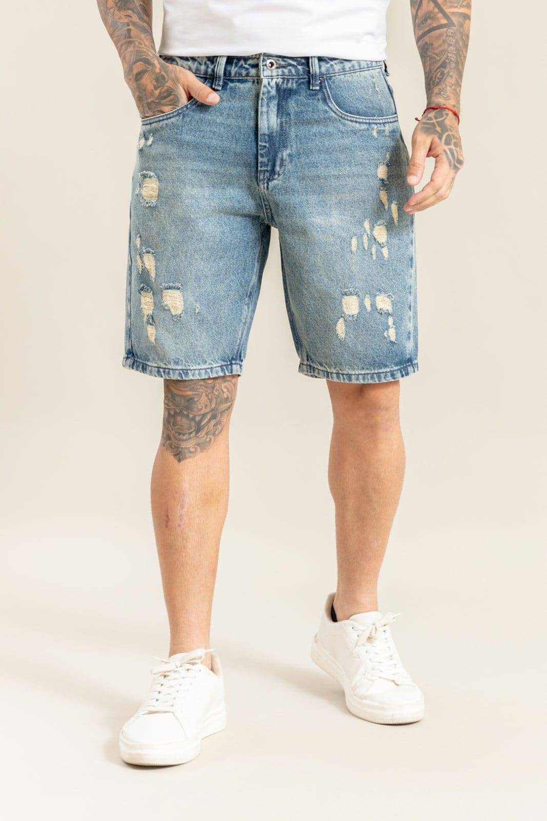 Bermuda Jeans Slim Destroyed Lavagem Média Vintage Dialogo