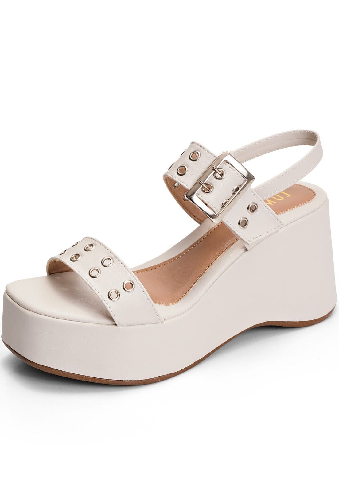 Sandália Feminina Lumiss Anabela Meia Pata Confortável Fivela Ilhós Off White