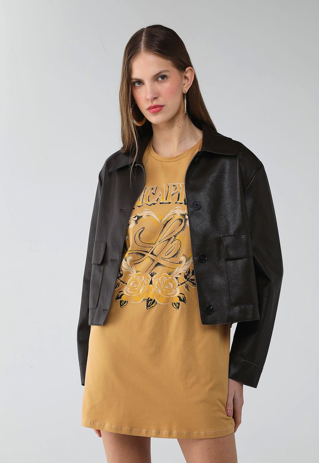 Vestido Feminino Lança Perfume T-Dress Estampa Floral Lettering Mostarda