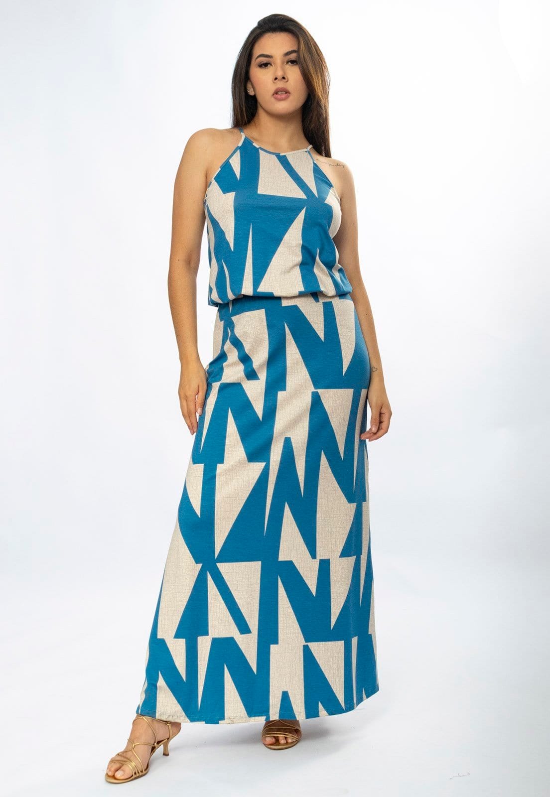 Vista 2 Vestido Longo Amazônia Vital Malha Trapézio com Elástico na Cintura Estampa Geometric Blue Amazonia Vital bege blue