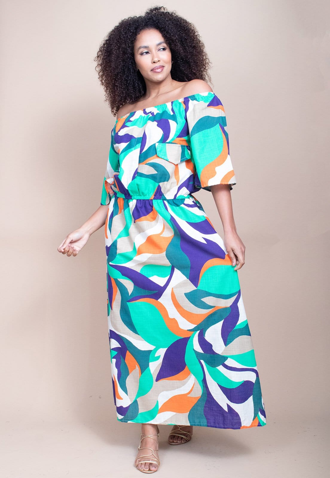 Vista 2 Vestido Midi Cabanafree Ciganinha Viscose com Lapela Estampa Brisa do Mar Cabanafree azul/estampado/laranja