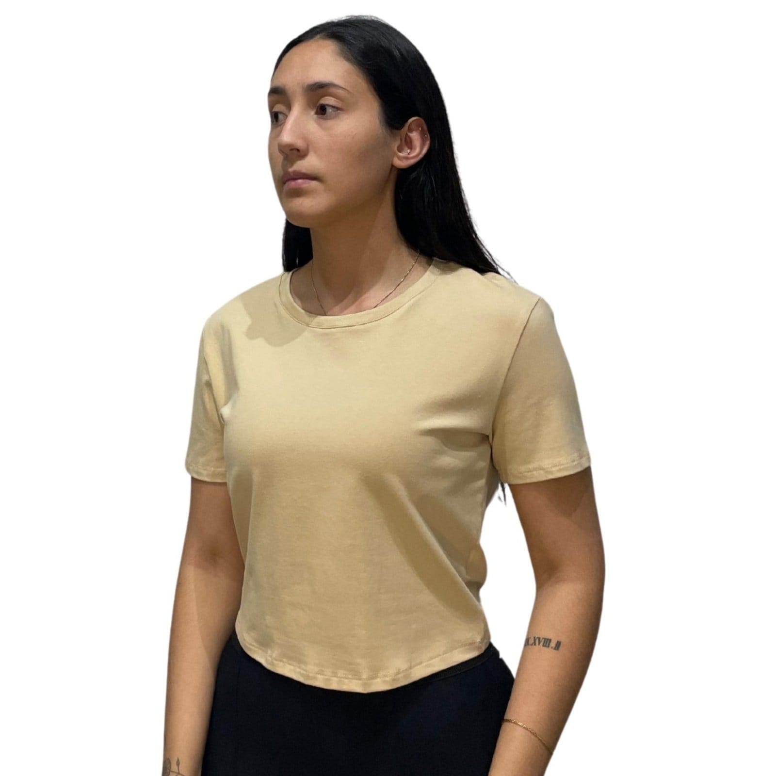 Vista 2 T-Shirt Feminina Cropped Básica Flor de Lis bege