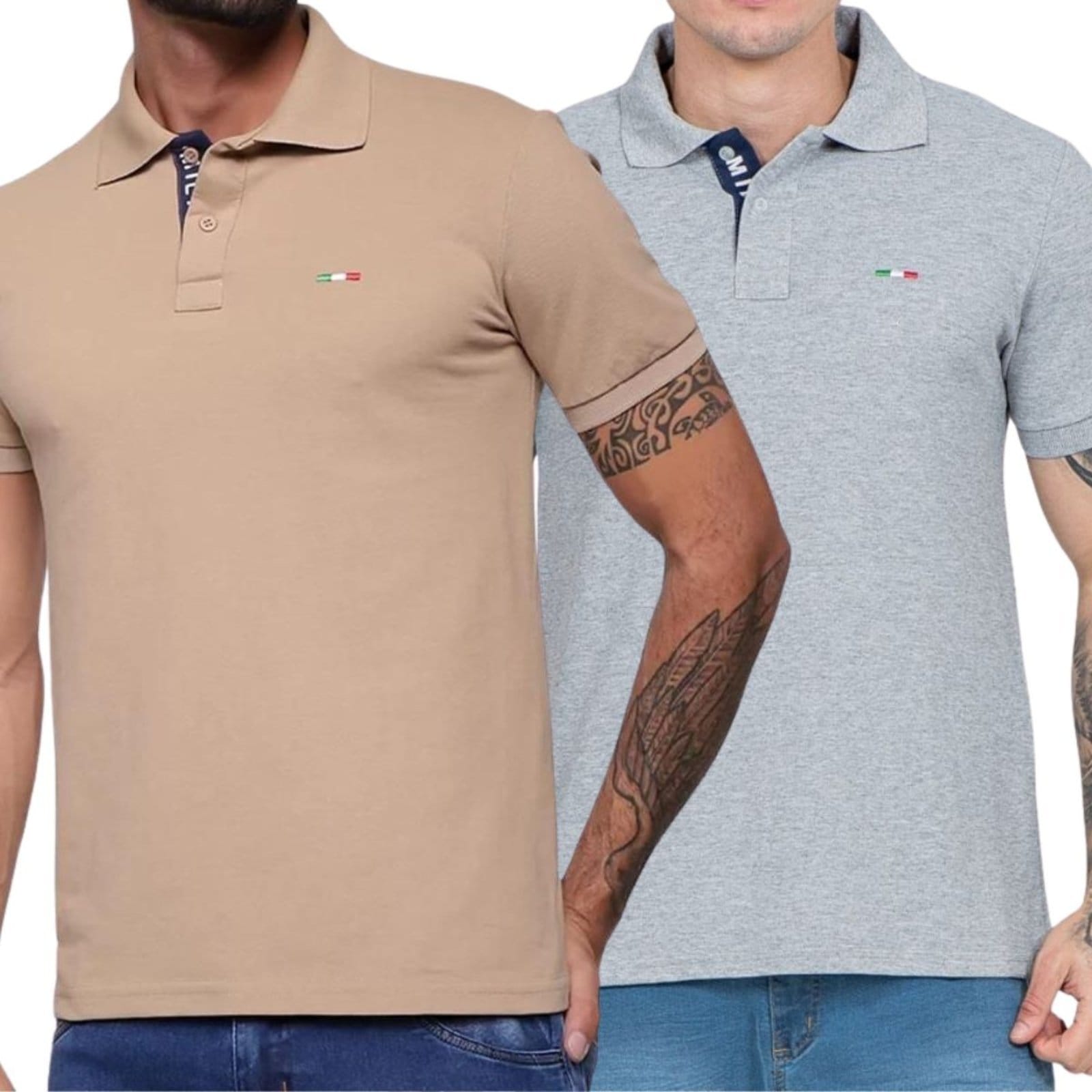 Kit 2 Polos Masculina Básicas Industrie Piquet no Estilo Tommy Bordado Itália Bege Cinza