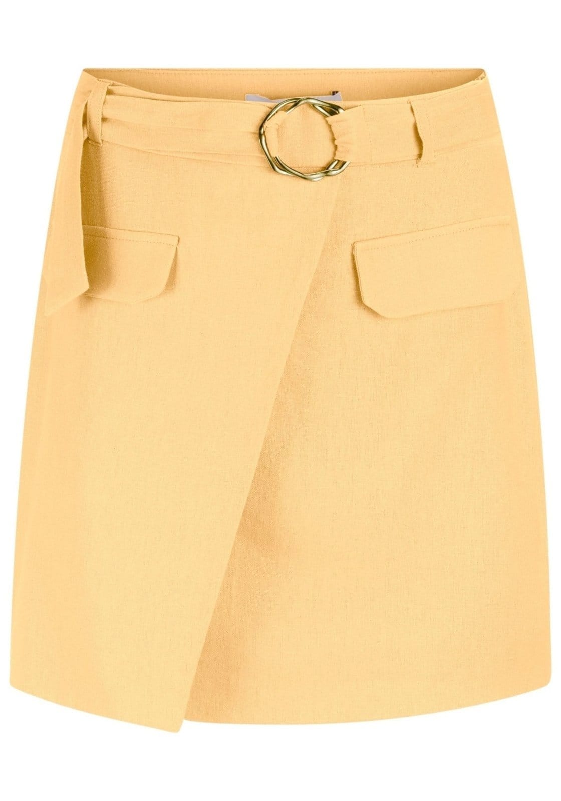 Vista 2 Saia Curta Transpassada em Linho com Cinto Lez a Lez laranja