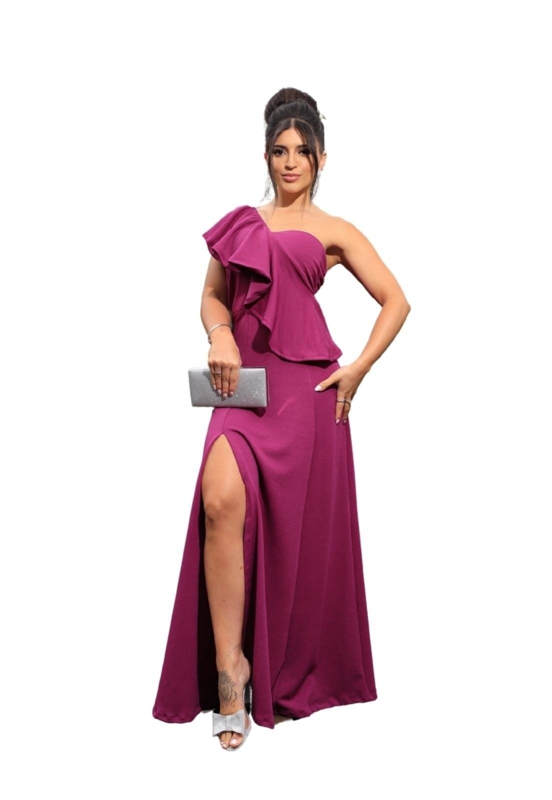 Vestido Longo de Festa Madrinhas Babados Crepe Anastácia Fúcsia