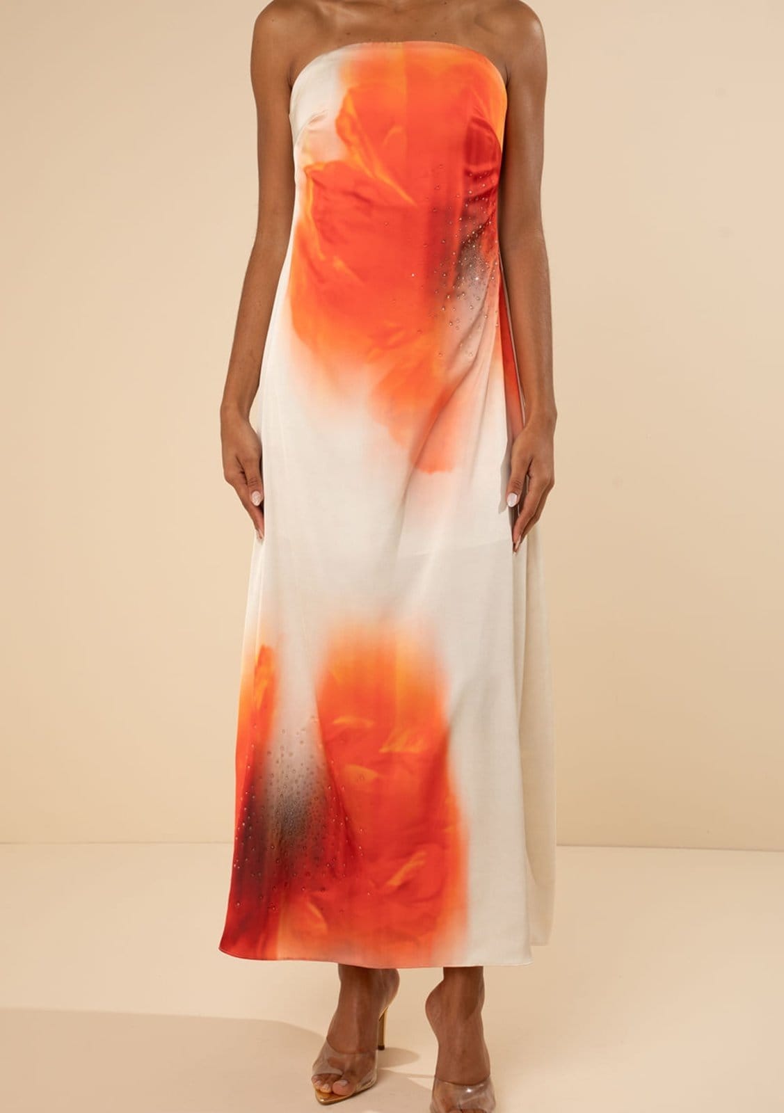 Vista 2 Vestido Morena Rosa Solto Decote Reto Sem Manga Longo Bege Morena Rosa bege rosa