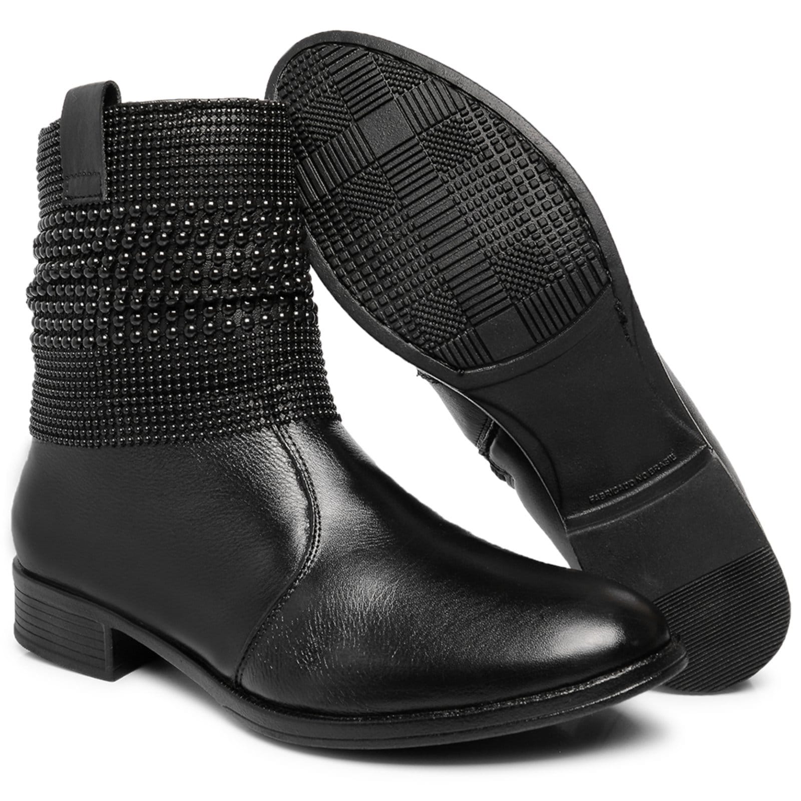Vista 2 Bota Feminina Couro Malha Metal Bico Redondo Cano Curto Salto Baixo Preta Ferrile preto