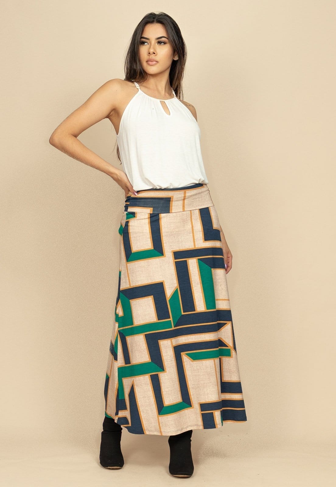 Vista principal Saia Longa Malha SAZ Estampa Chapada de Areia Cabanafree azul/bege/estampado/verde
