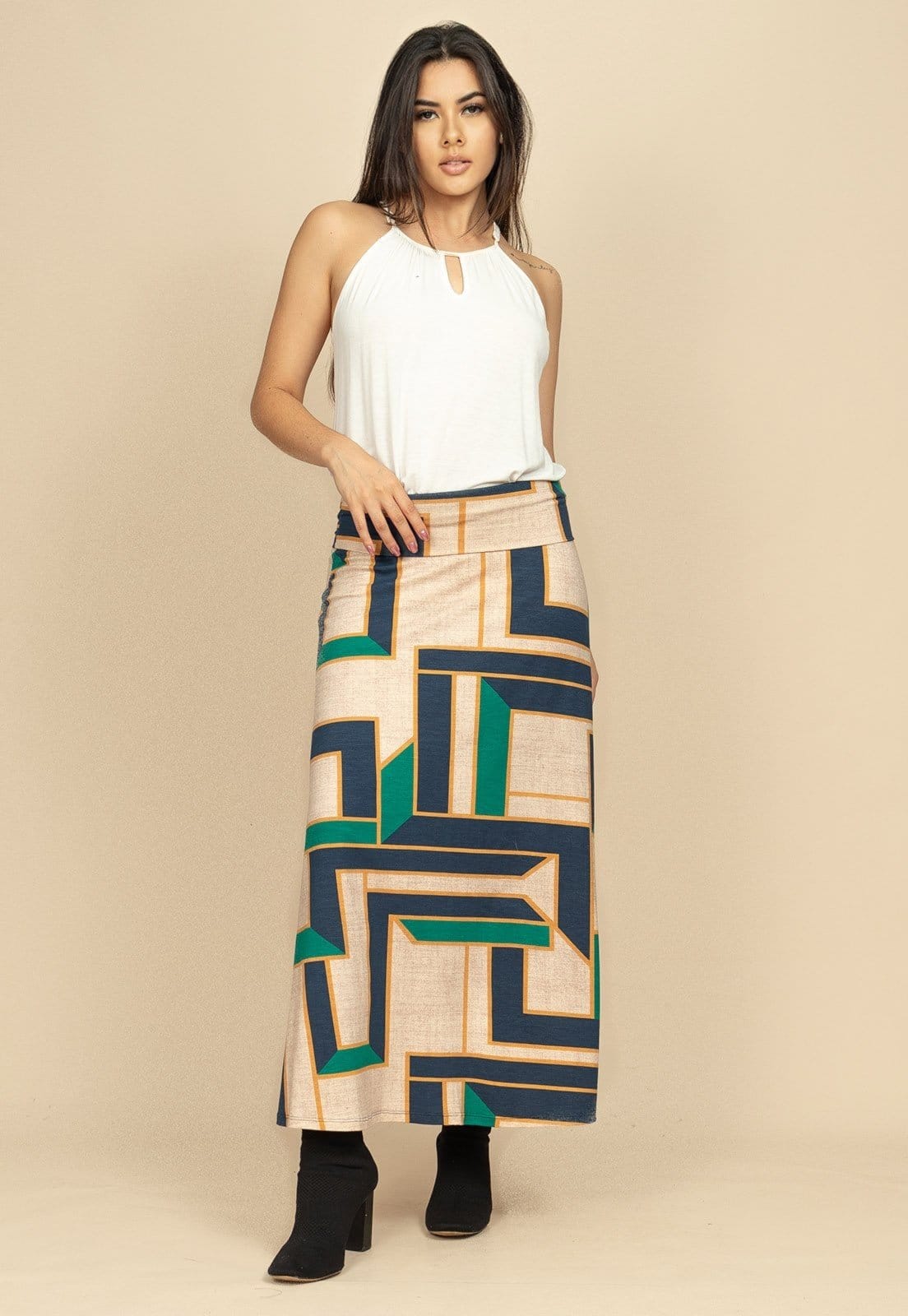 Vista 2 Saia Longa Malha SAZ Estampa Chapada de Areia Cabanafree azul/bege/estampado/verde