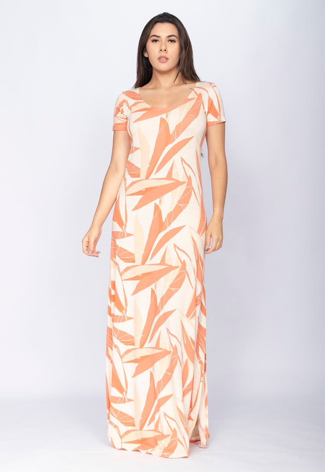 Vestido CabanaFree Longo Malha Gola Canoa Manga Curta Estampa Selvagem