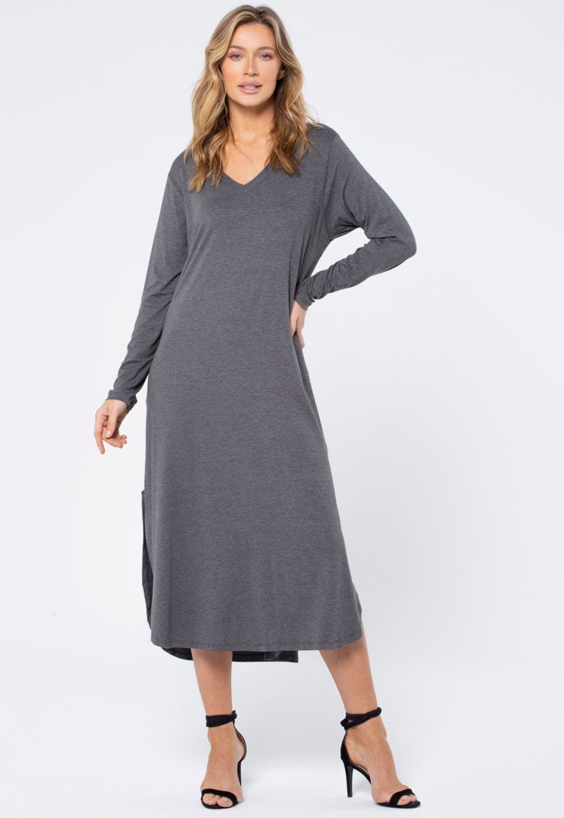 Vista 2 Vestido Midi Amazonia Vital Malha com Bolso Manga Longa Mescla Amazonia Vital cinza