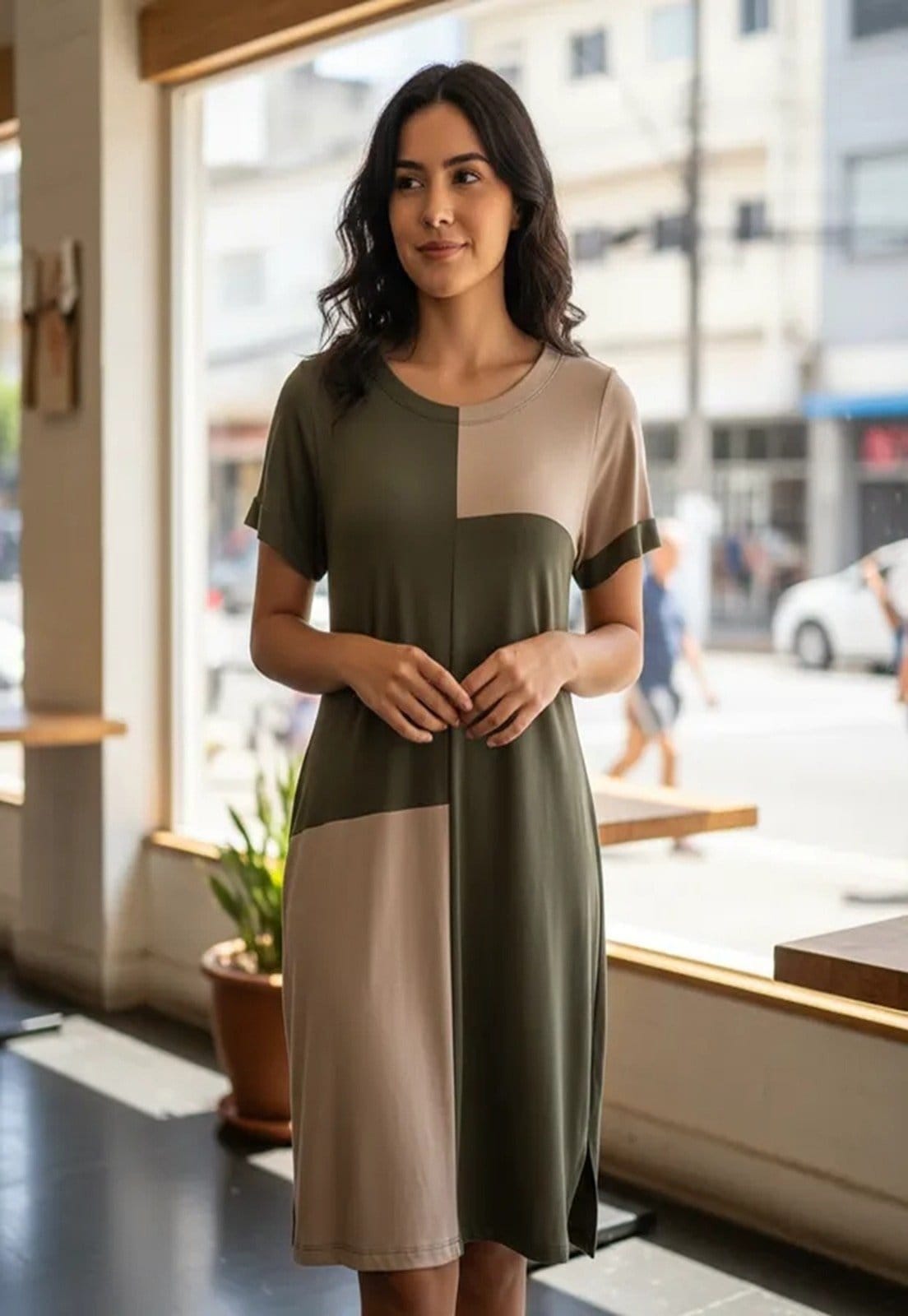 Vestido Malha Amazonia Vital Terra Serena Midi Plus Musgo com Areia