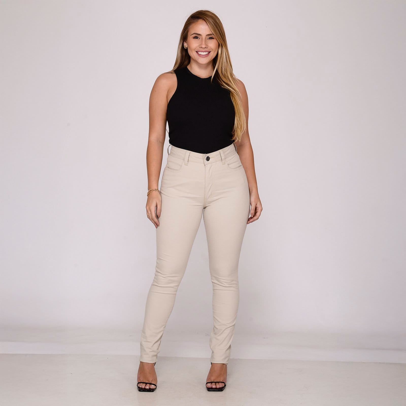 Vista 2 Calça Sarja Feminina Macaw Skinny Conforto Elastano Cintura Alta Macaw bege