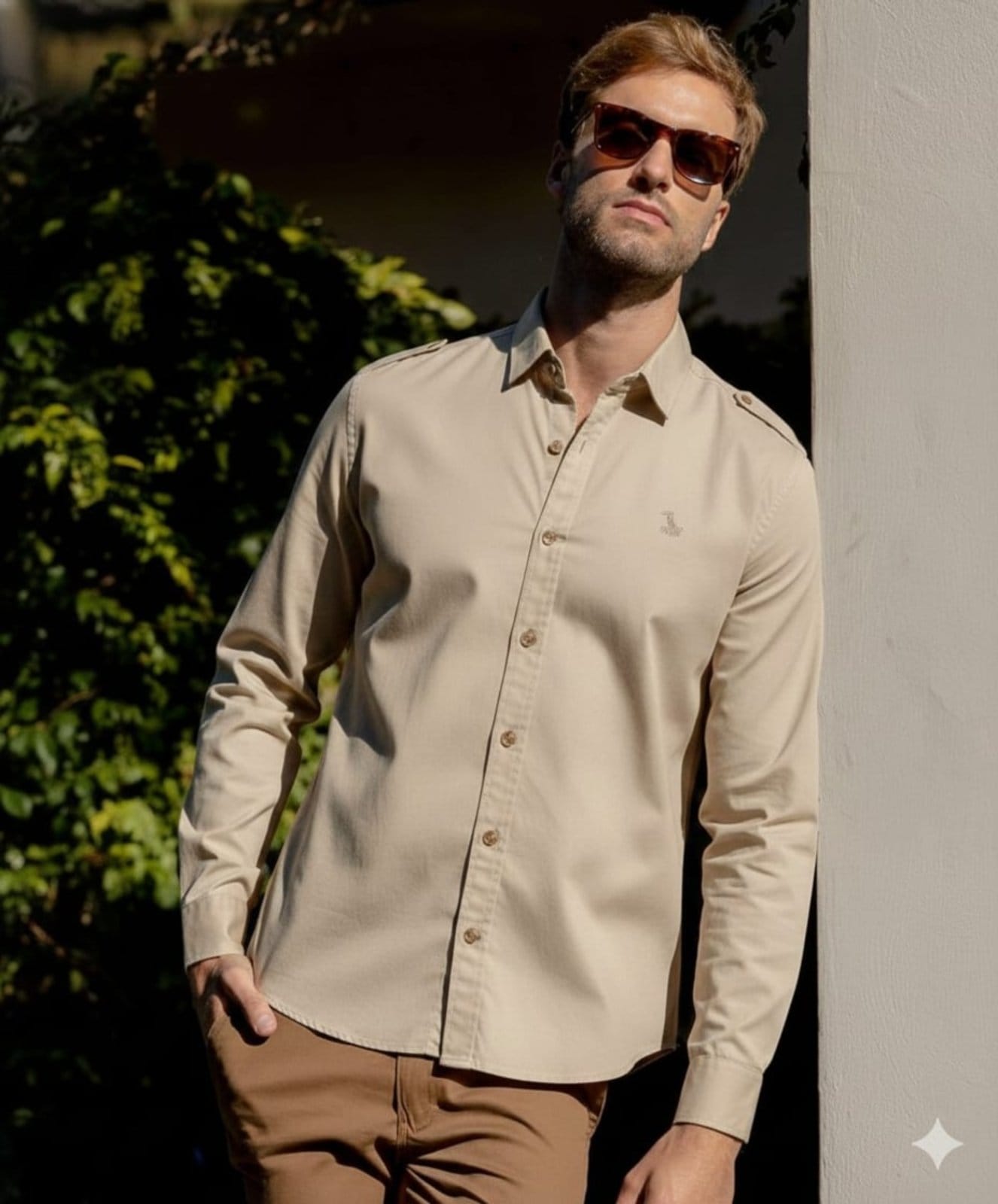 Camisa Estilo Militar Amil Comfort Pewter Com Lapela nos Ombros M/Longa Lançamento Luxo Bege