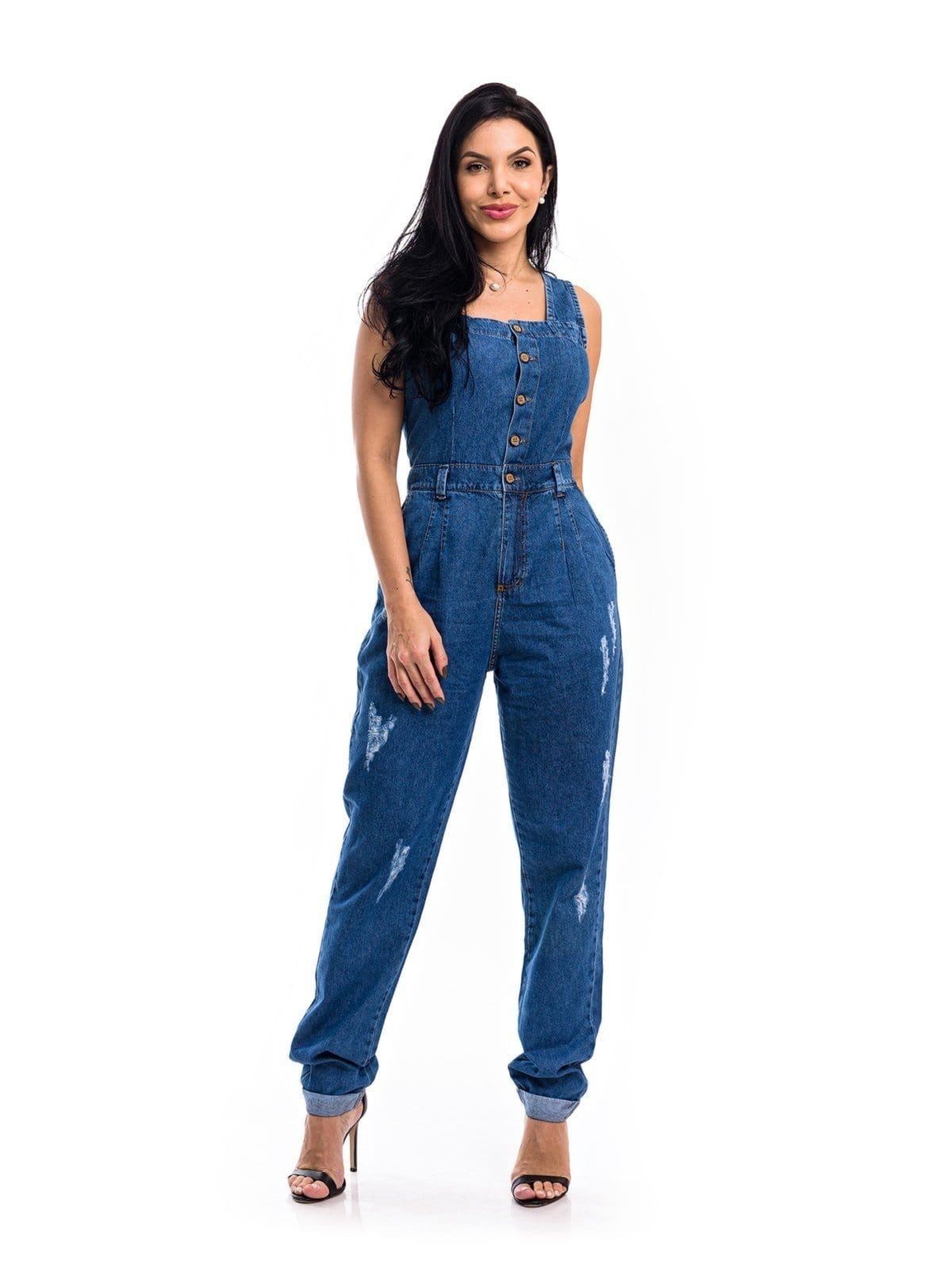Macacão Restrito Jeans Slouchy Rasgado com Botões