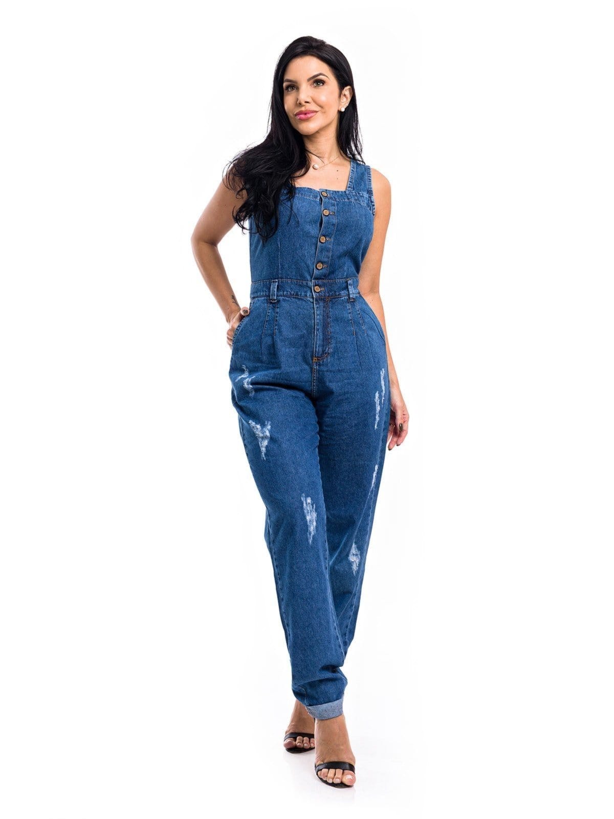 Vista 2 Macacão Restrito Jeans Slouchy Rasgado com Botões Restrito Jeans azul