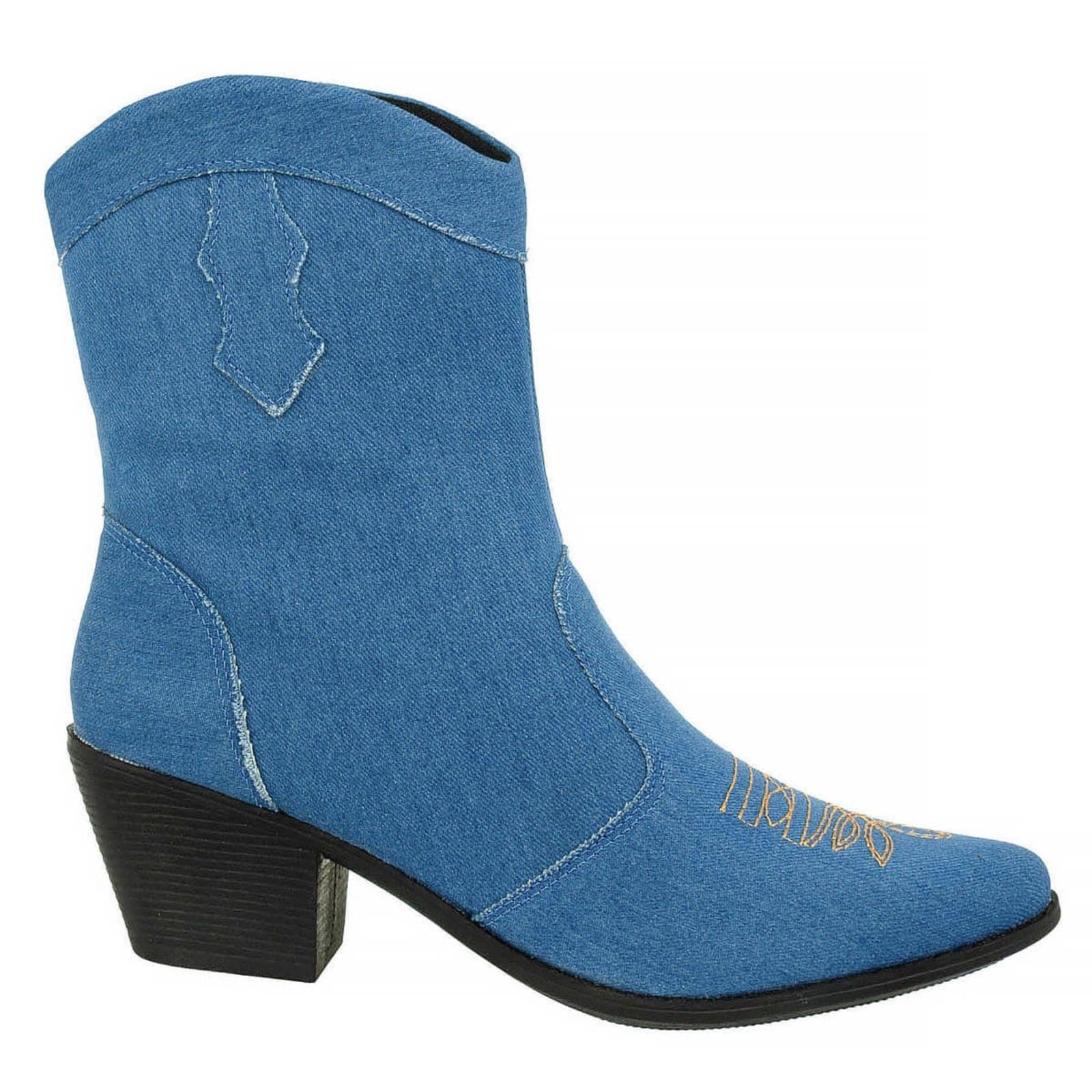 Vista principal Bota Texana Feminina Cano Curto Salto Baixo Grosso Confortável Via Angel 6901. Claro VIA ANGEL jeans