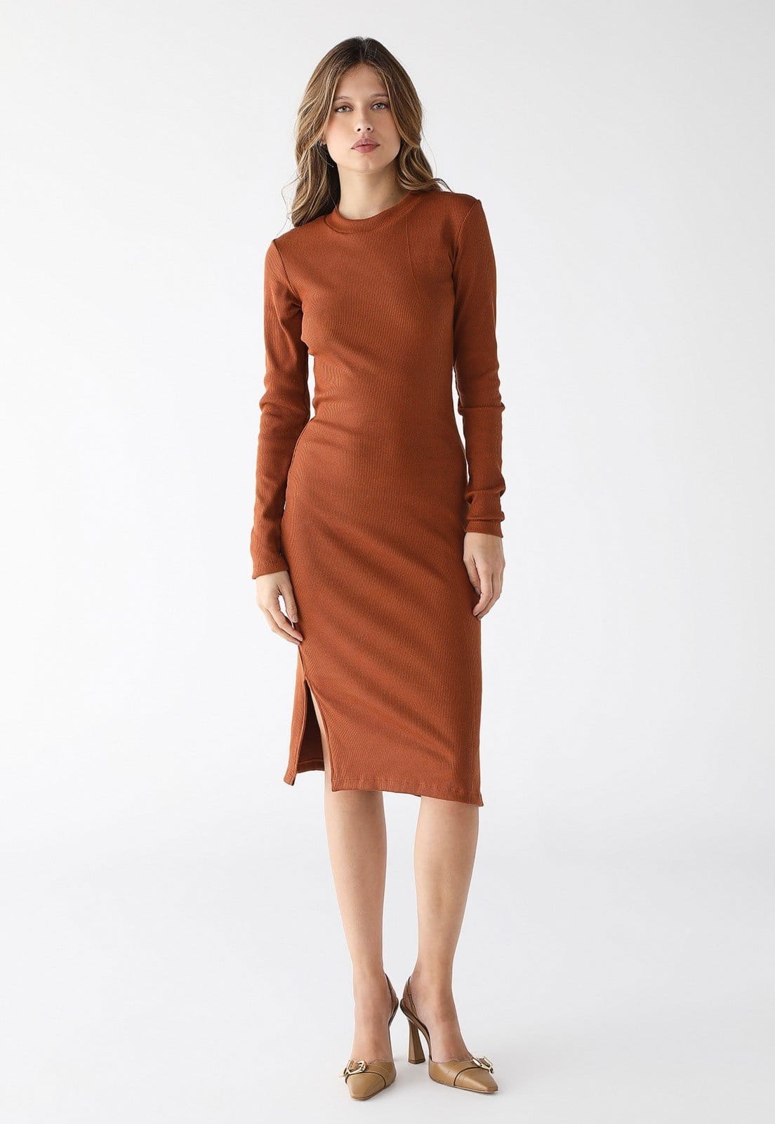 Vestido Midi Manga Longa Fendas Laterais Ribana Premium