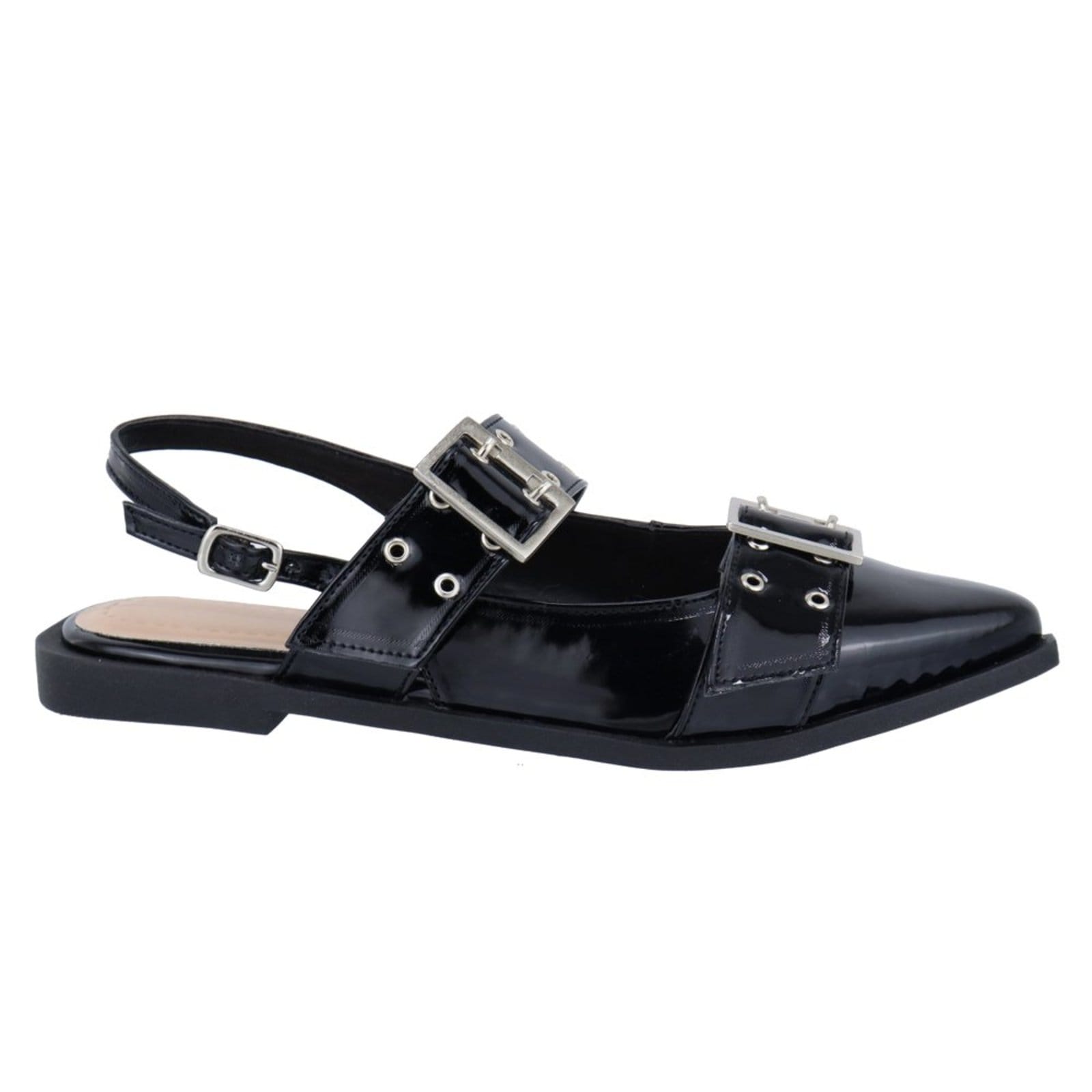 Vista 2 Sapatilha Slingback Rasteira Feminina Bico Fino 184201 Verniz Flor da Pele preto