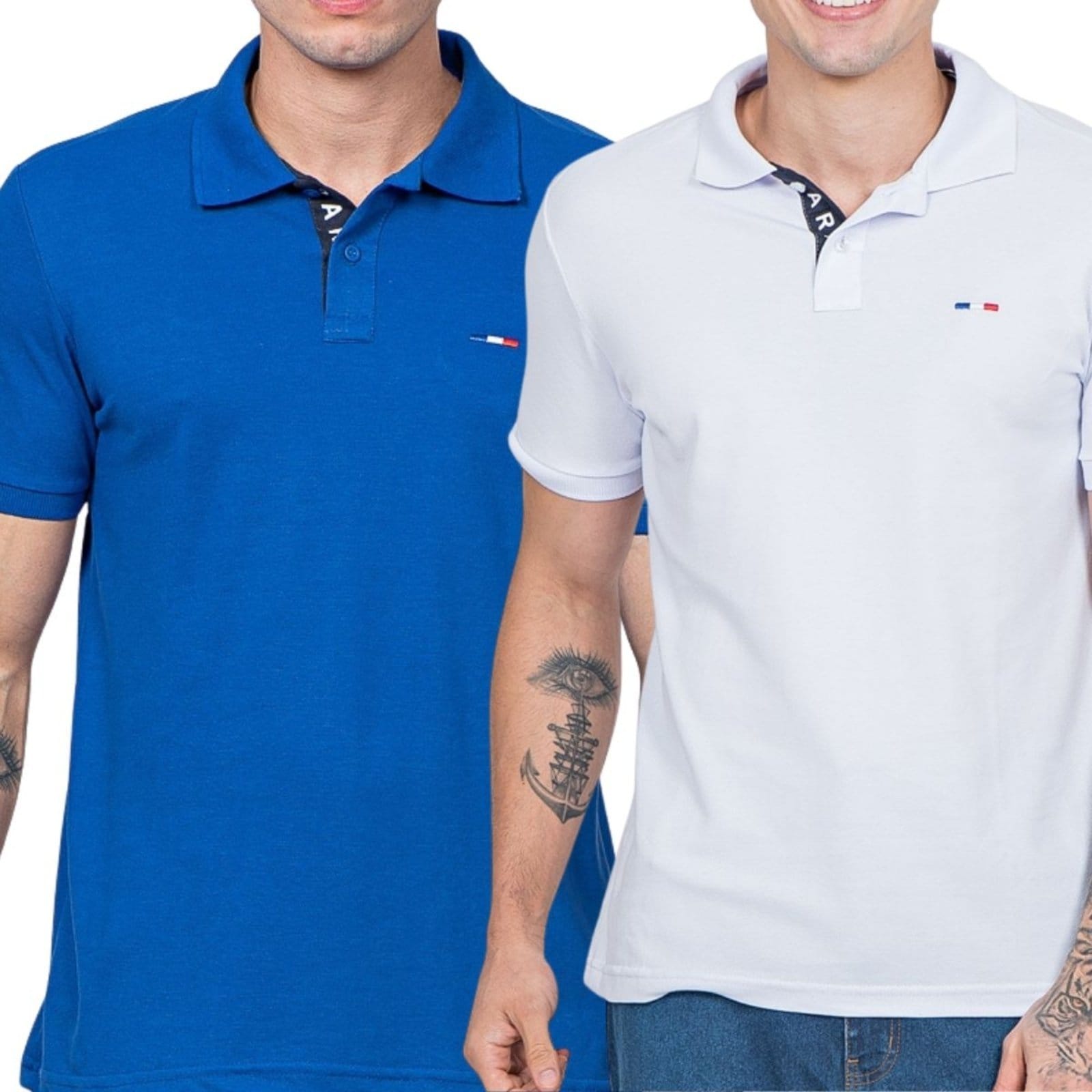 Kit 2 Polos Masculina Básicas FMF Royal e Branco Piquet no Estilo Tommy Bordado França