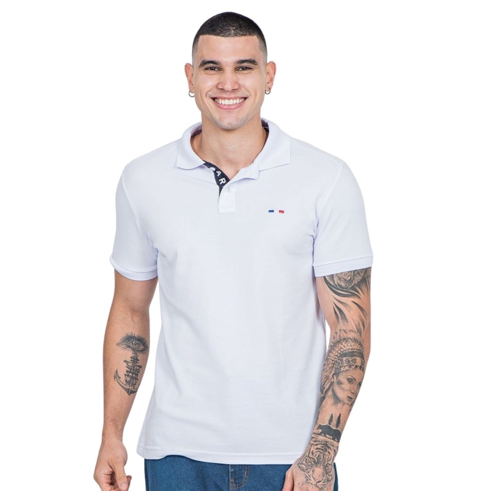 Kit 2 Polos Masculina Básicas FMF Royal e Branco Piquet no Estilo Tommy Bordado França - 2