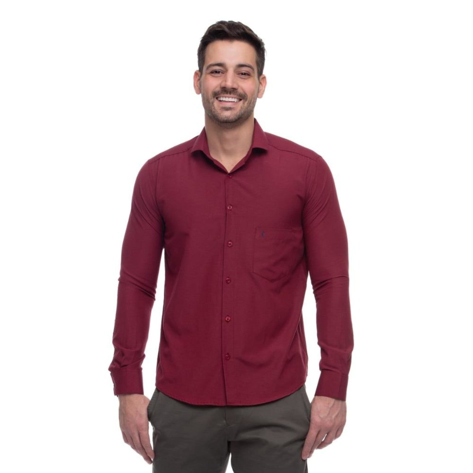 Camisa Social Slim Masculina Teodoro Manga Longa Elegante Cinza Verde Vinho