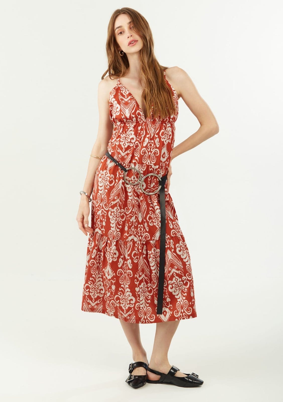 Vestido Zinco Ajustado Decote V Com Alça Longo