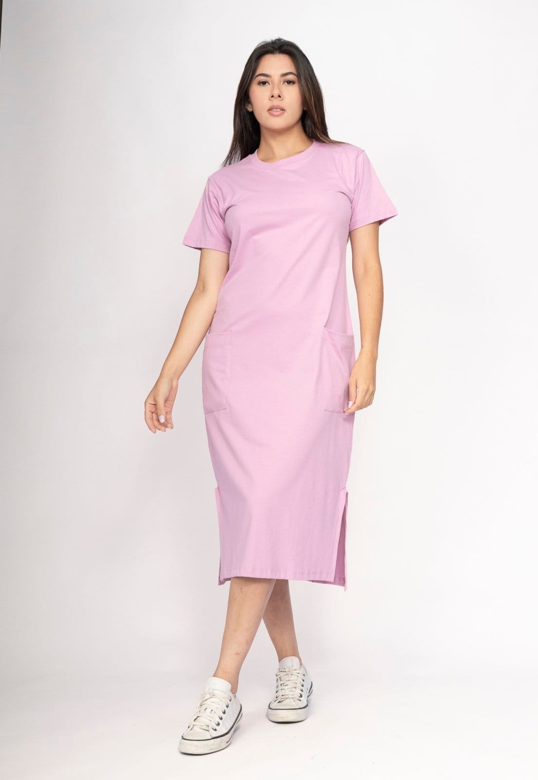 Vestido CabanaFree Midi Algodão Manga Curta 02 Bolsos Flor de Açaí