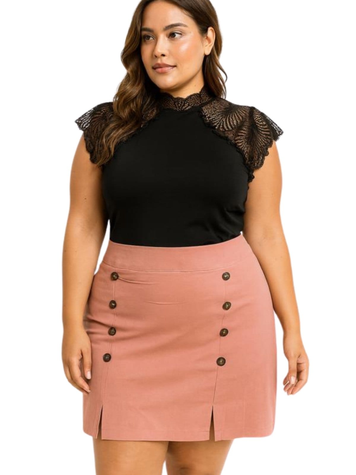 Saia shorts Summer Body plus size em bengaline nobre Frente com botões Rose