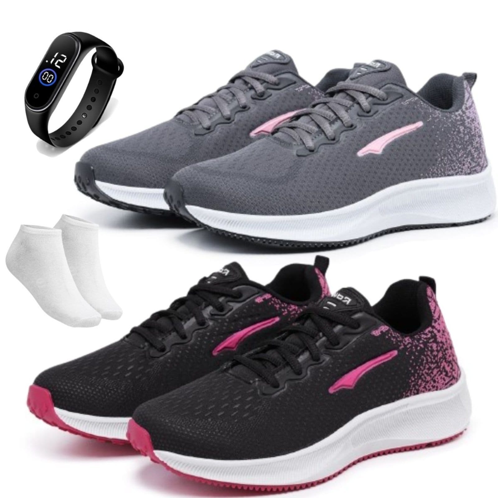 Vista principal Kit 2 Tênis Femininos Ortopédicos Confortável Básico Casual Esportivo Para Academia Corrida + Relógio e Meia Bia Ramos grafite/preto