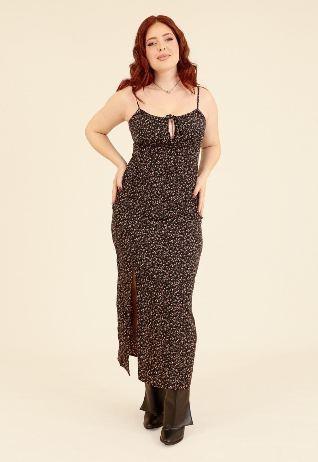 Vista 2 Vestido Pop Me New Midi Crepe Alça Com Estampa Liberty Pop Me preto