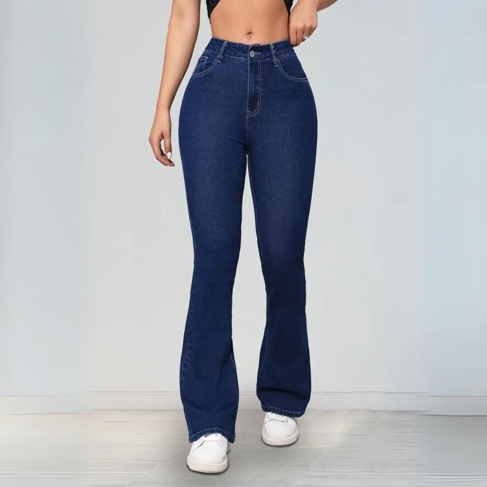 Calça Feminina Flare Lavagem Escura Premium Cintura Alta Acabamento Empina Bumbum