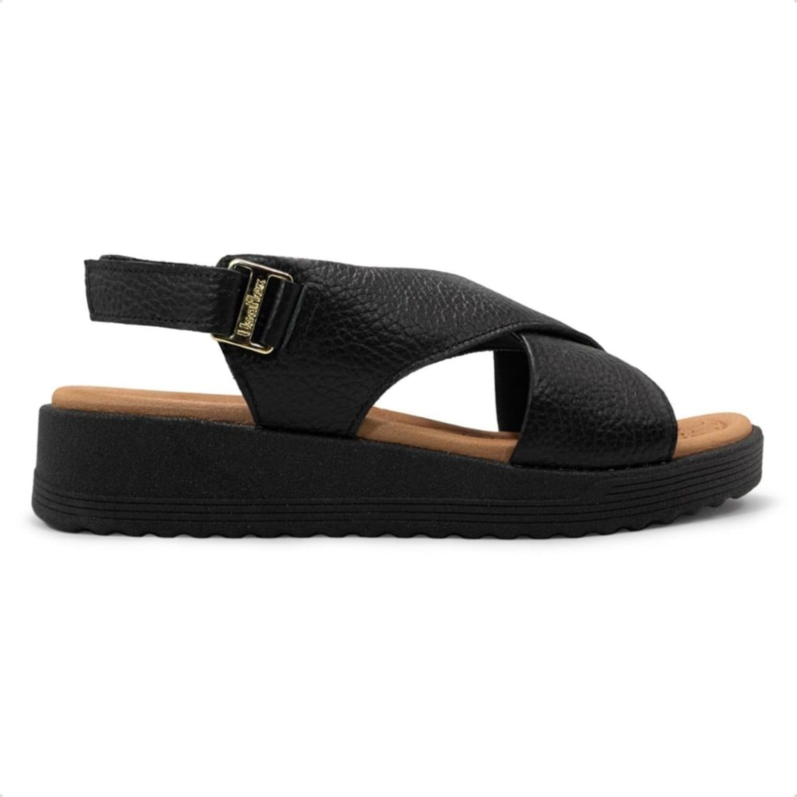 Vista principal Sandália Usaflex Feminina Couro Salto Anabela Ajuste Fecho-Flex Casual MA10005 Usaflex preto