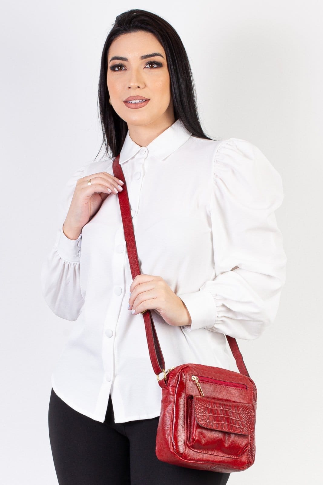 Bolsa Andrea Vinci Transversal Pequena De Couro Croco Clarice - Vermelha