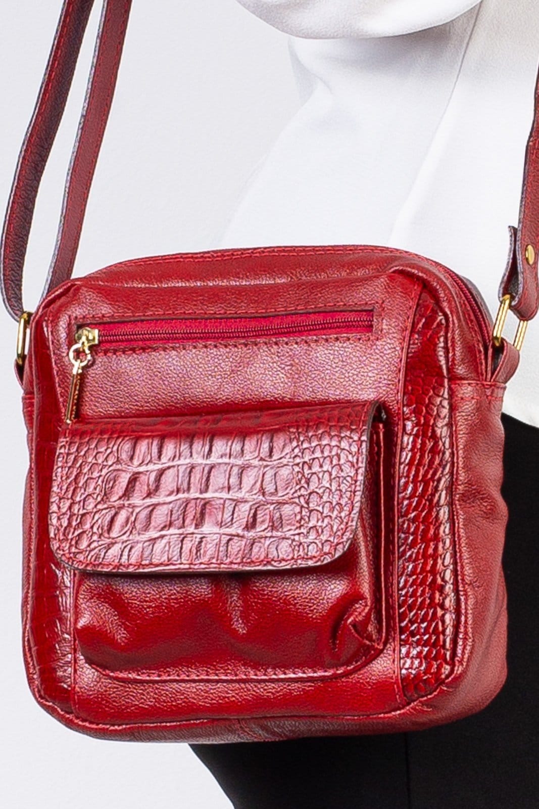 Vista 2 Bolsa Andrea Vinci Transversal Pequena De Couro Croco Clarice - Vermelha Andrea Vinci café