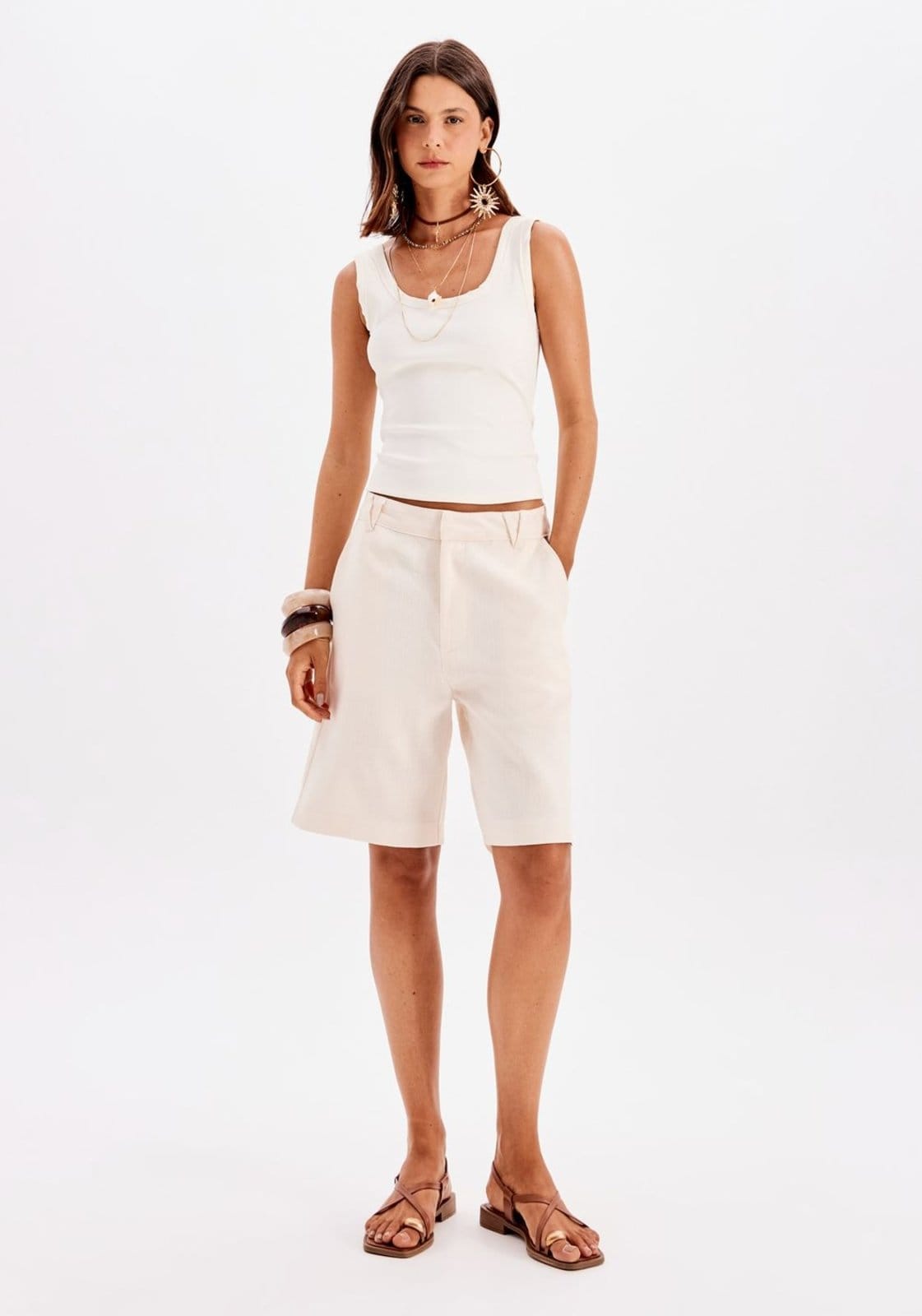 Vista 2 Bermuda Alongada Com Linho My Favorite Things branco