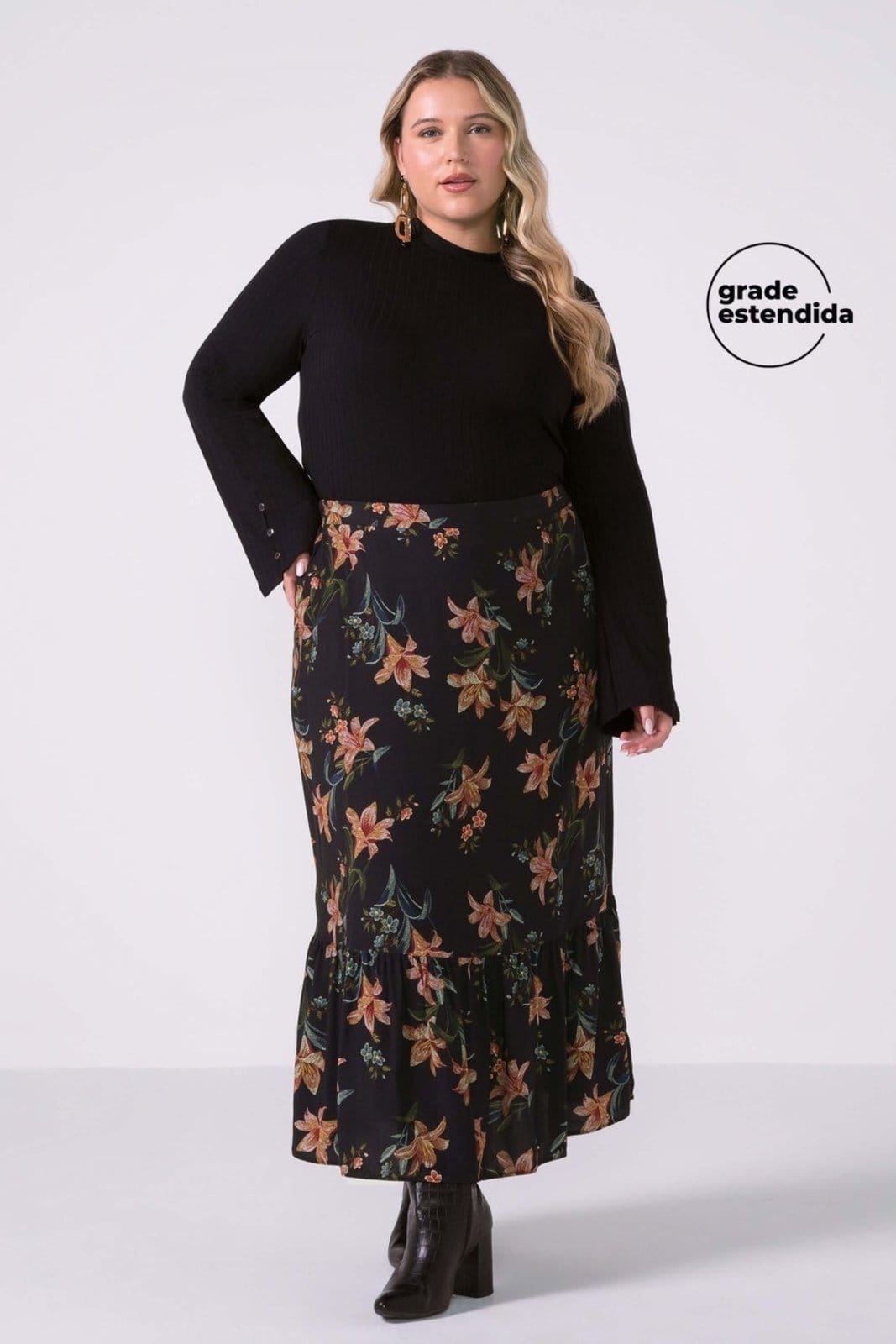 Saia Feminina Midi Babado Floral Marialícia