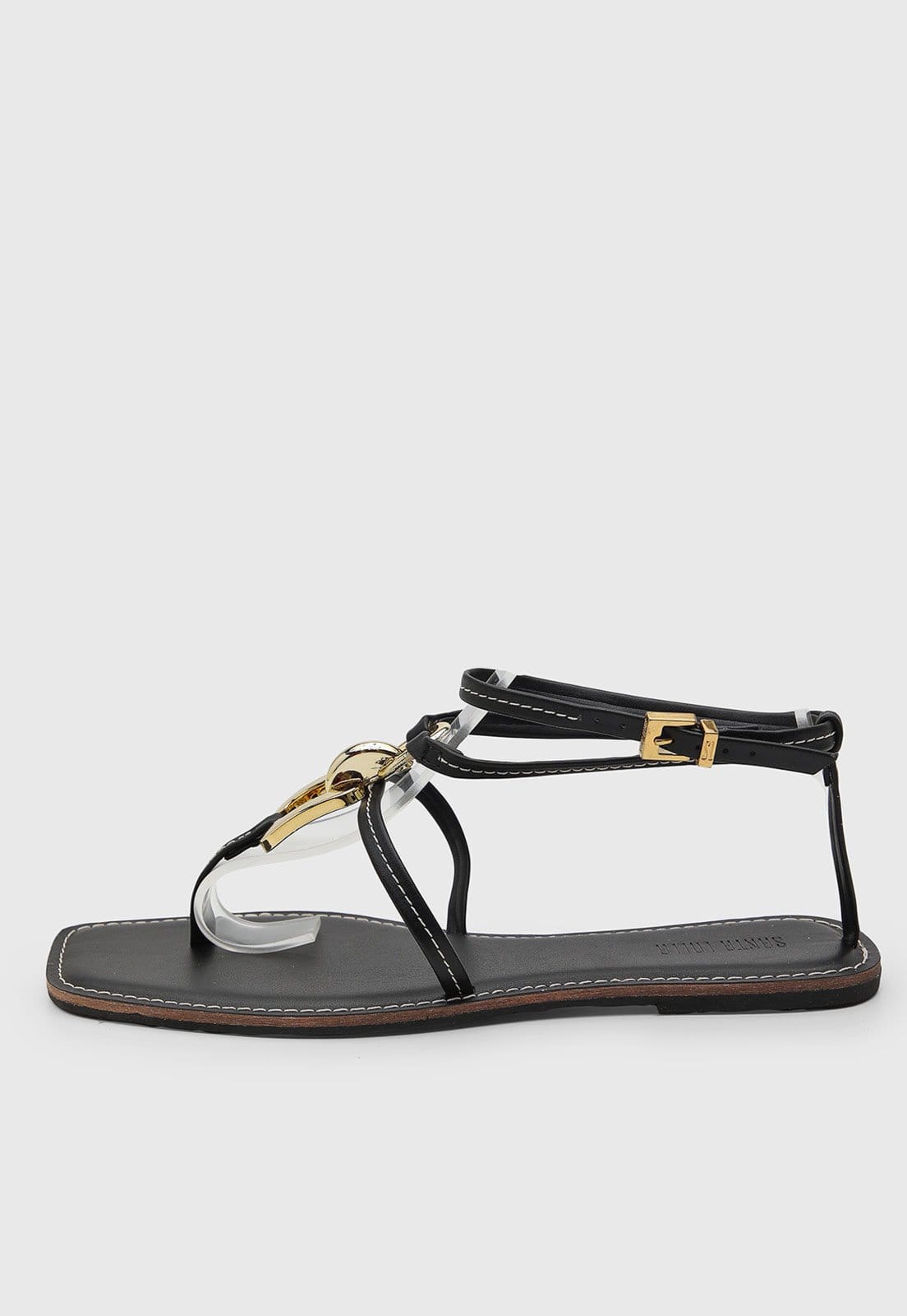 Rasteira Feminina Santa Lolla Tiras Vinil Detalhe Dourado Preta