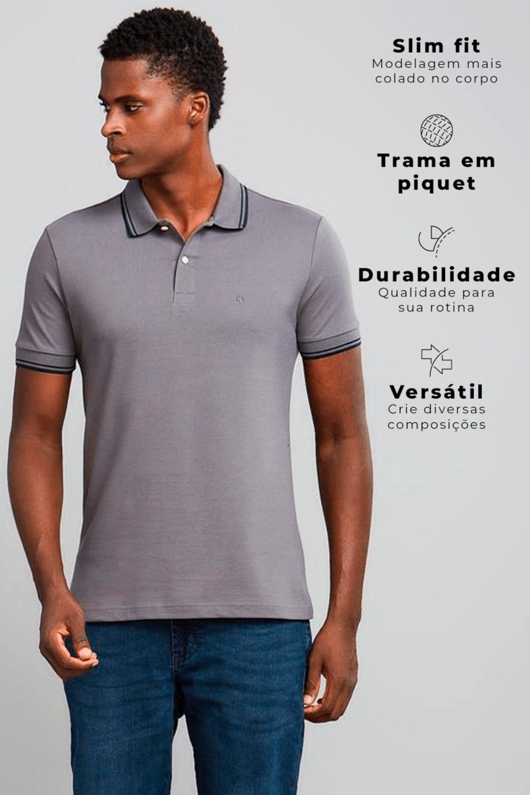 Vista 2 HIGHSTIL Polo Manga Curta Piquet Básica Slim Fit Escuro HIGHSTIL cinza