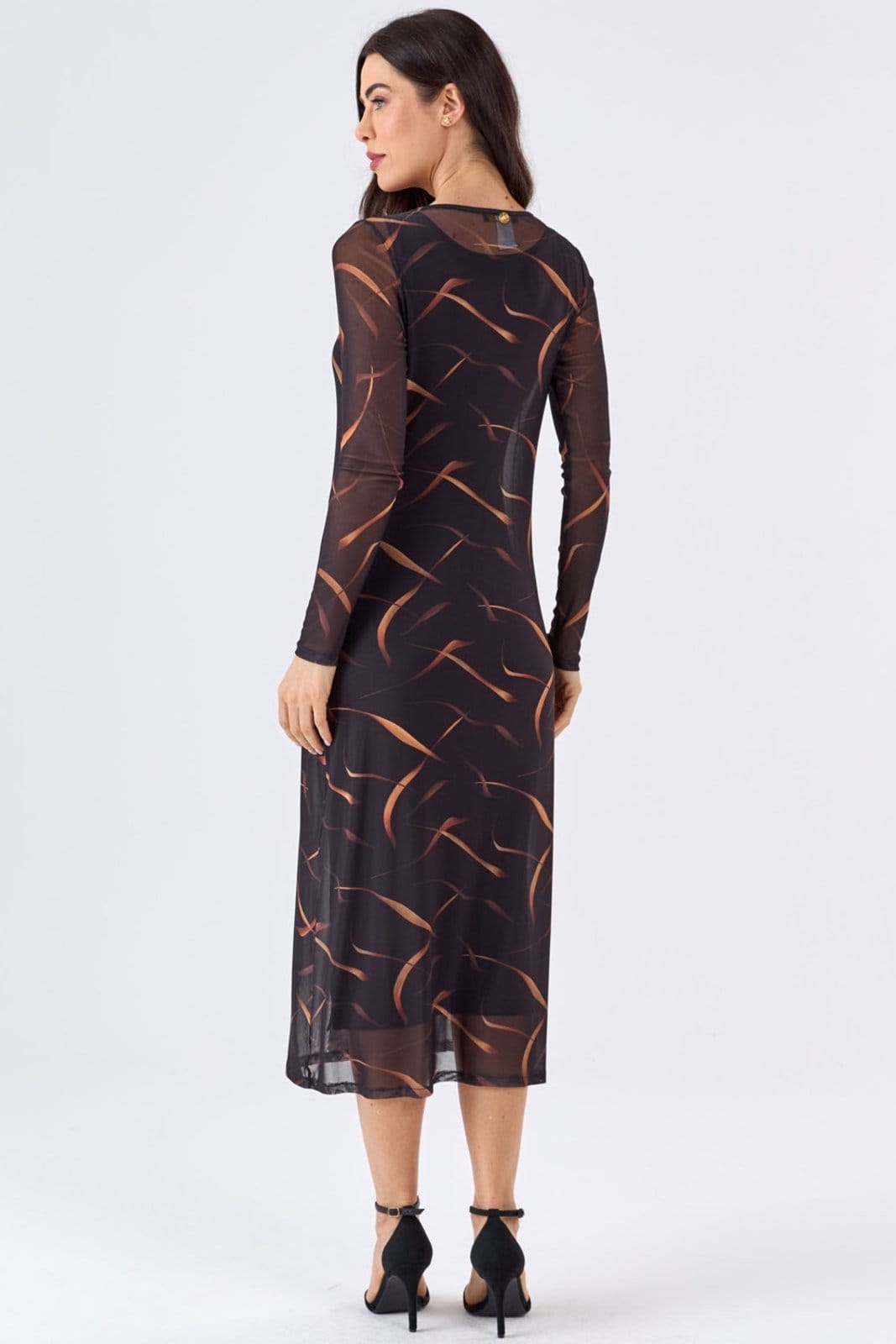 Vista principal Vestido Midi PKS Tule Estampa Gold Leaf PKS preto gold