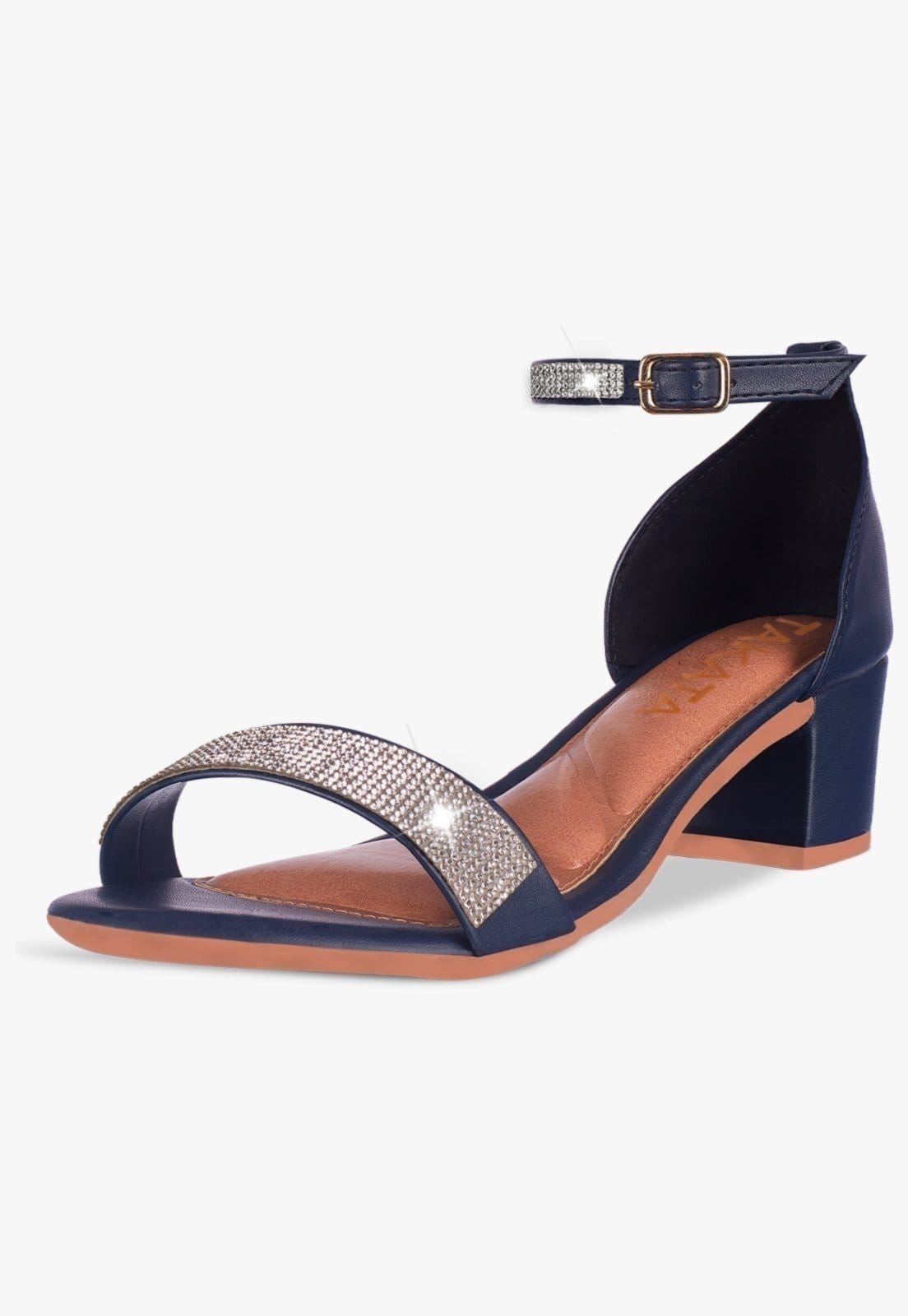 Sandália Feminina Salto Quadrado Baixo Manta Strass Brilho Marinho