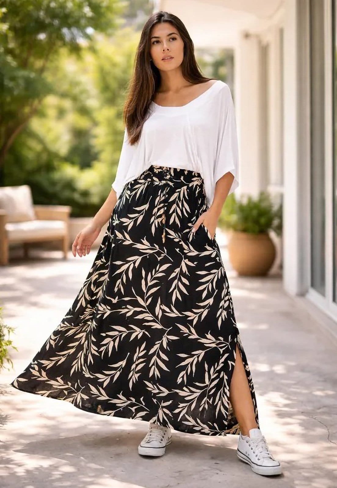 Saia Cabanafree Longa Viscose Folhagem Serena Preta