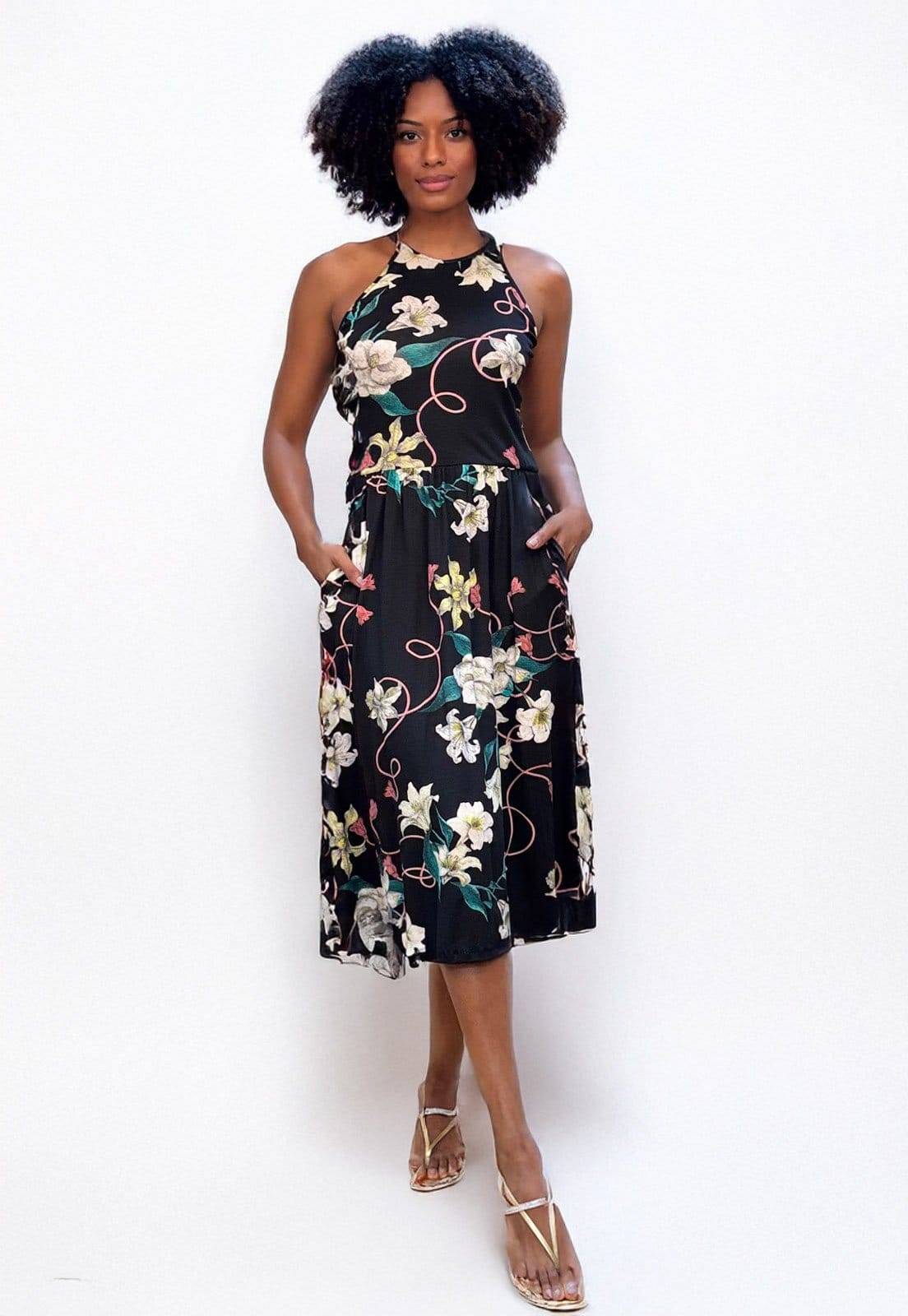 Vestido Midi Cabanafree Jennifer Malha Trapézio com Bolso Estampa