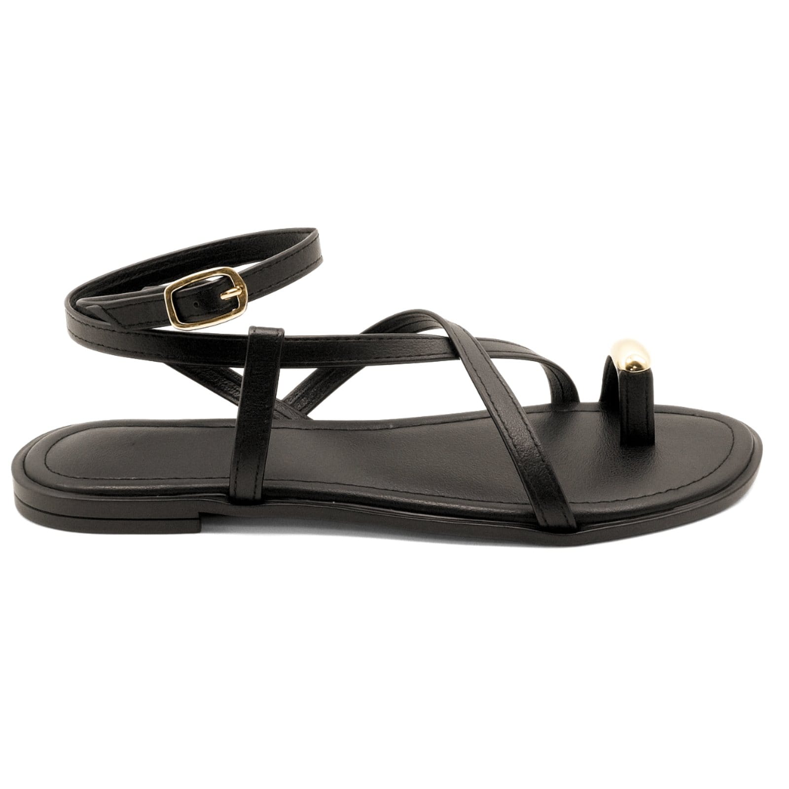 Vista 2 Rasteira Feminina Com Tiras Cruzadas Finas Detalhe Anel de Dedo Estilosa 307 Flor da Pele preto