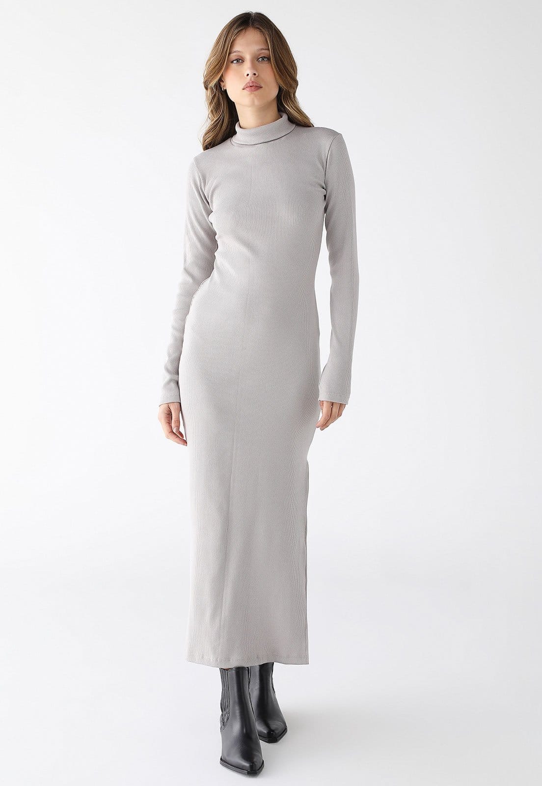 Vestido Longo Levosch Gola Alta Fenda Lateral Ribana Premium Claro