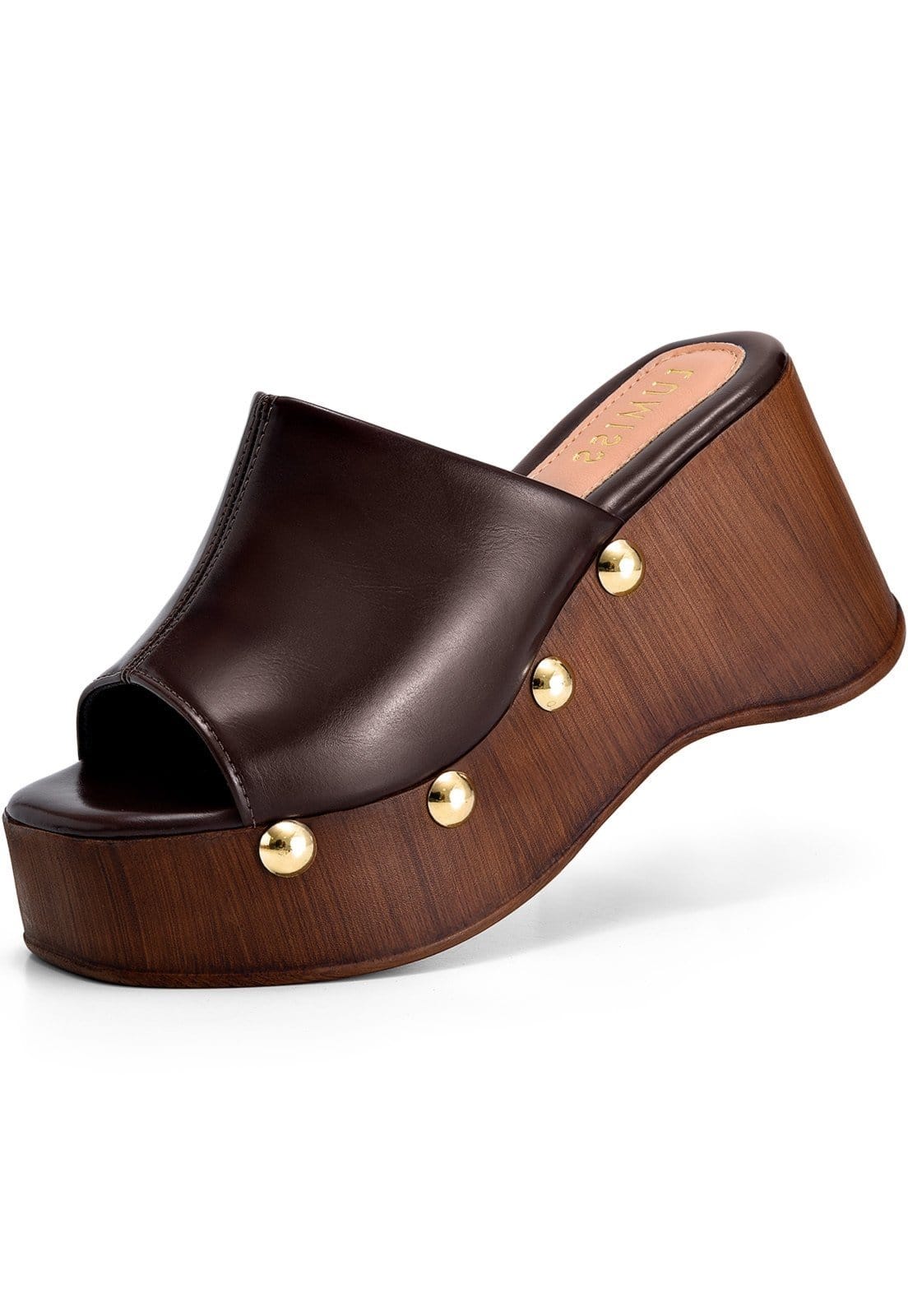 Sandália Anabela Feminina Lumiss Madeira Rebite Tachas Dourada Confortável