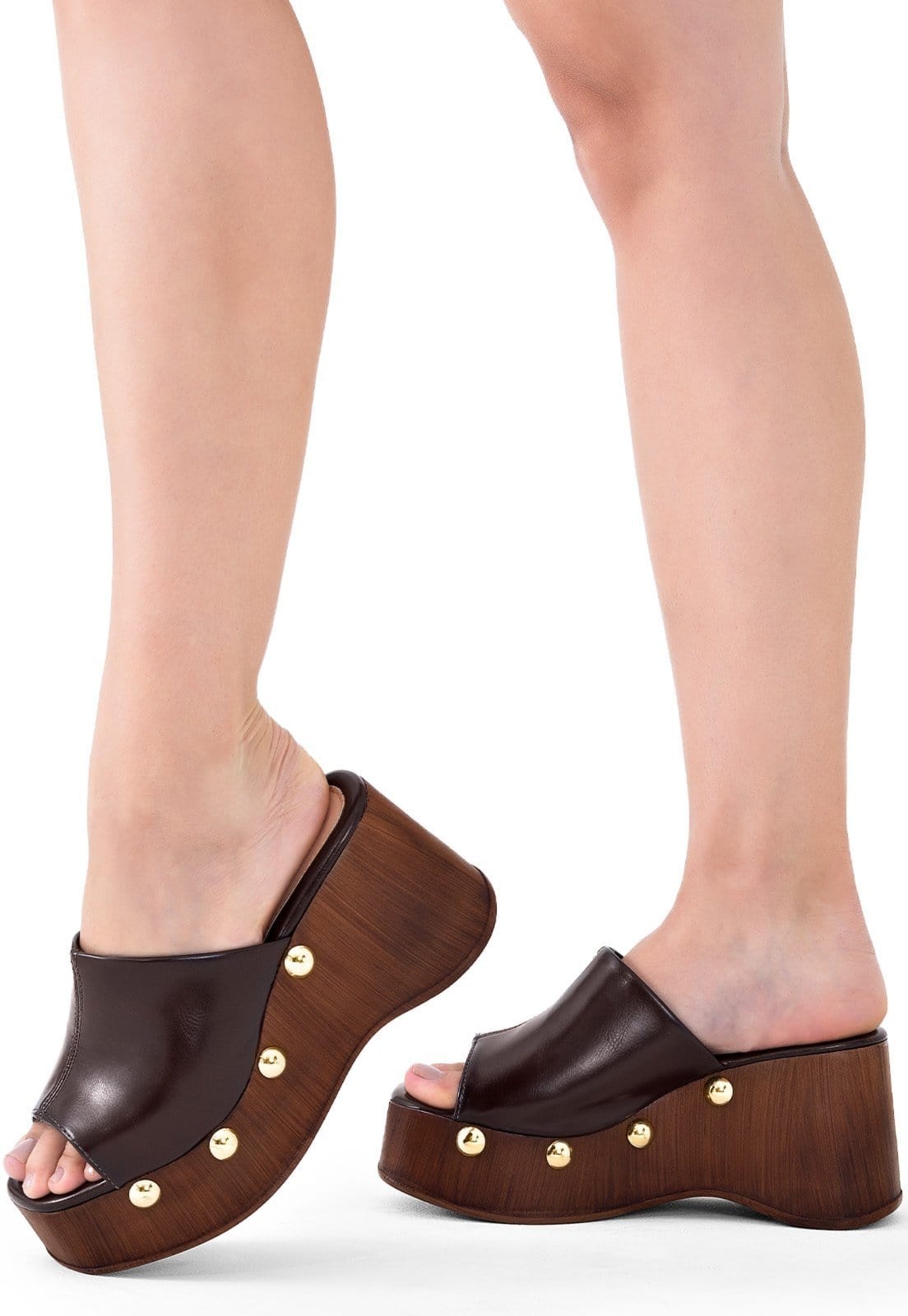 Vista 2 Sandália Anabela Feminina Lumiss Madeira Rebite Tachas Dourada Confortável LUMISS marrom