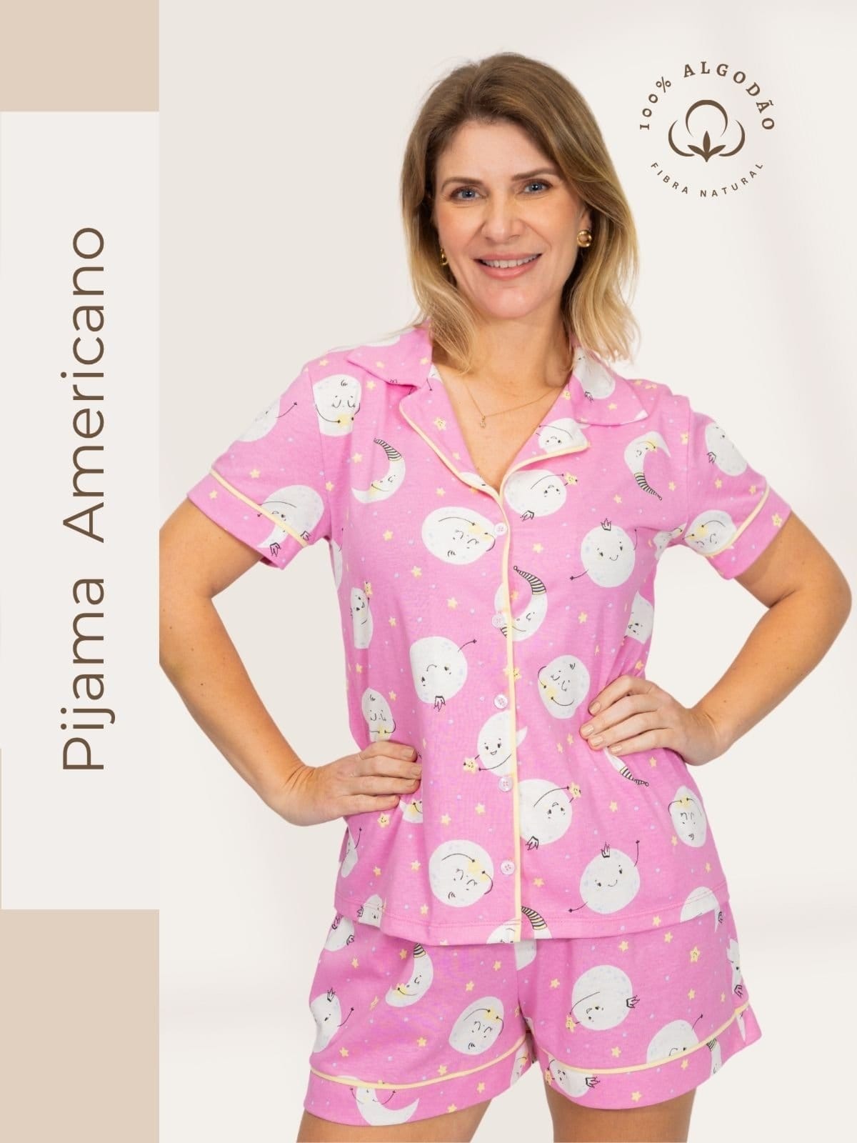 Pijama Piante Algodão Feminino Americano Curto Lua